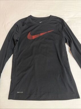Nike Black Long-Sleeve Dri-Fit Tee with Red Swoosh